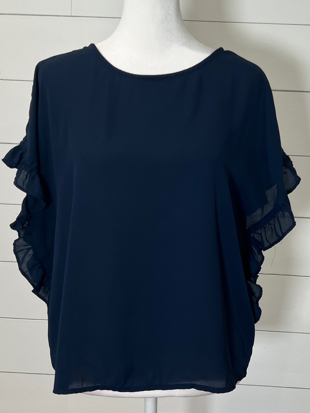 Gianni Bini Women's Navy Ruffle Sleeve Blouse - Classic Short Sleeve Top